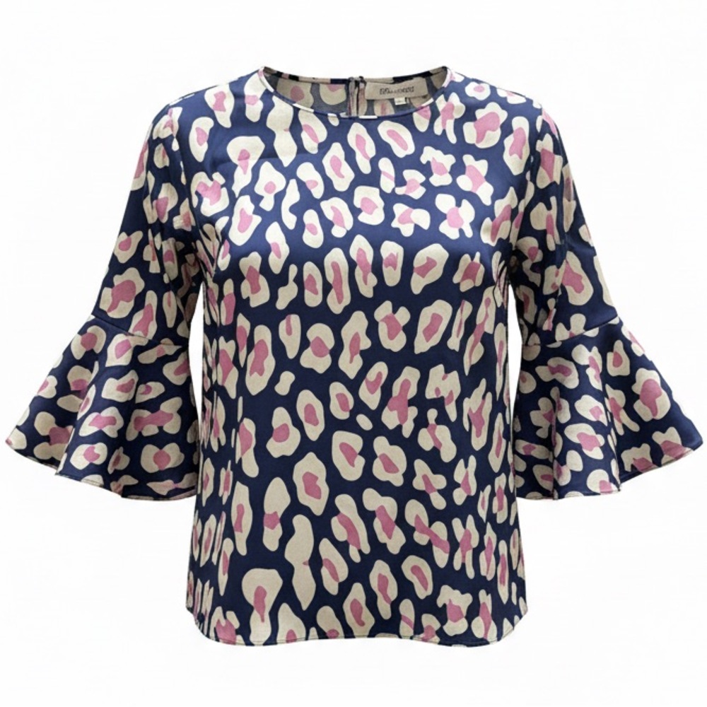 Diane Von Furstenberg DVF Bell Sleeve Blouse Size 8 Navy Pink Leopard Print Silk